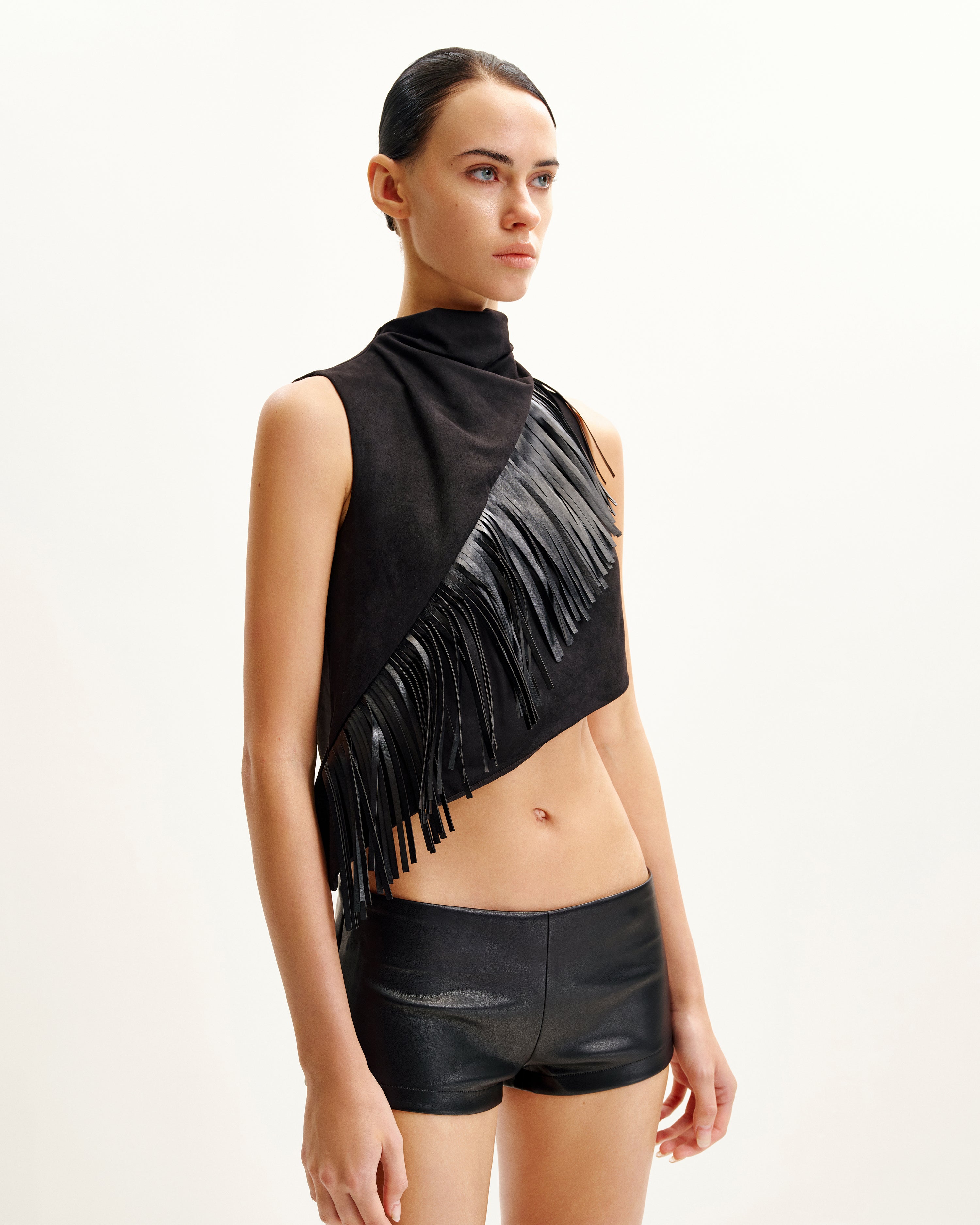 Adeline Asymmetric Fringe Sueded Top - Black