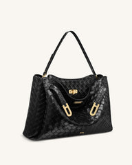 Rhea Large Woven Textured Shoulder Bag - Black