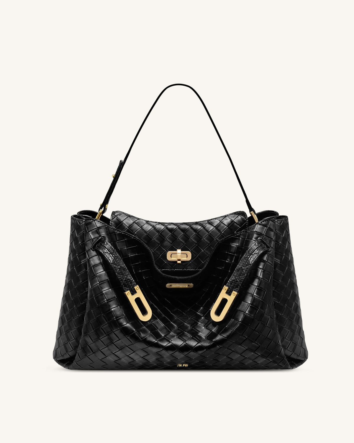 Rhea Large Woven Textured Shoulder Bag - Black