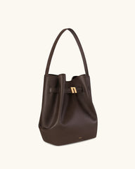 Clara Lock Accent Bucket Shoulder Bag - Mocha Brown