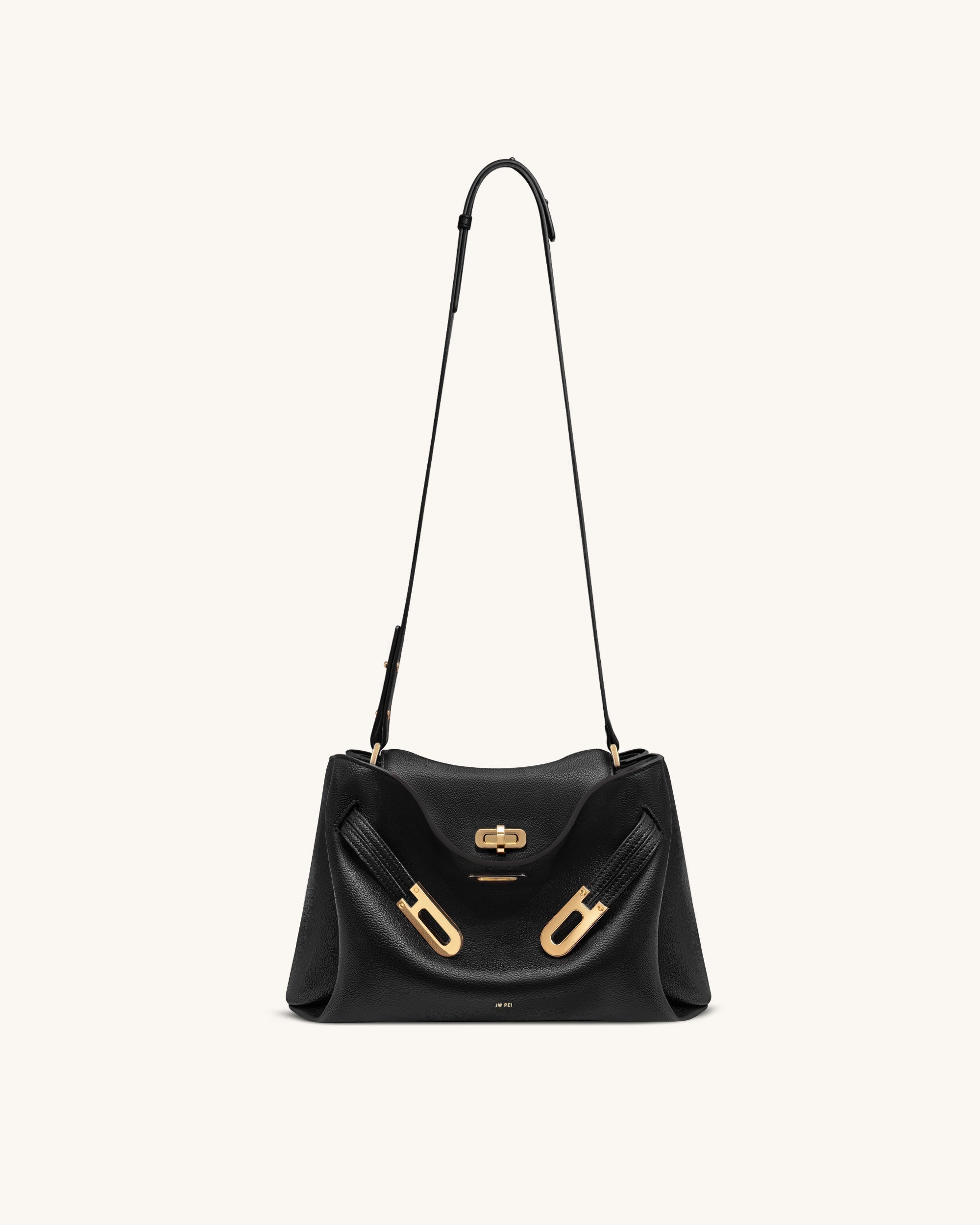 Rhea Pebbled Double Buckle Shoulder Bag - Black