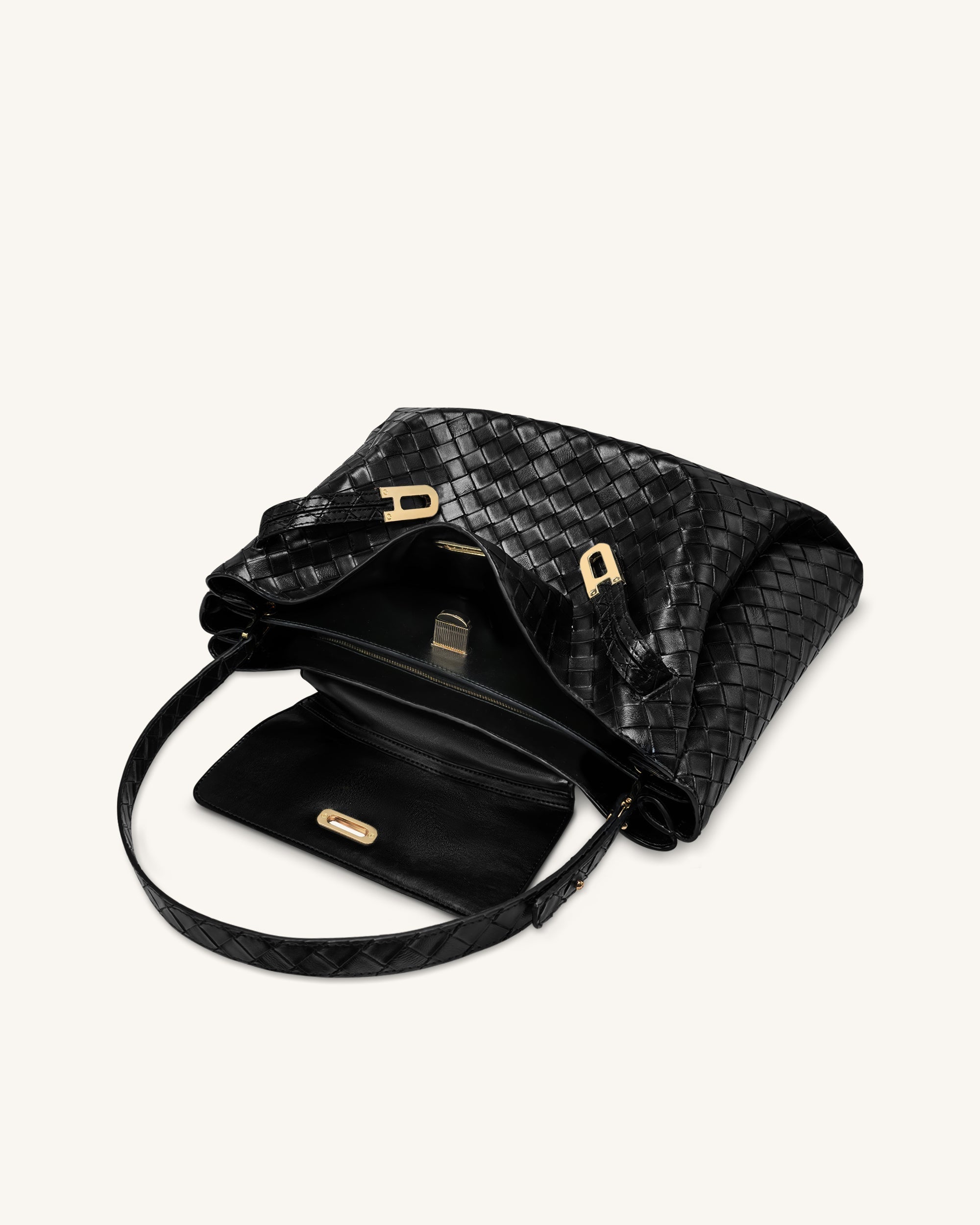 Rhea Large Woven Textured Shoulder Bag - Black